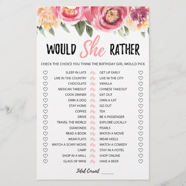 Jeu éditable de 'Would She Rather' pour anniversai (Devant)