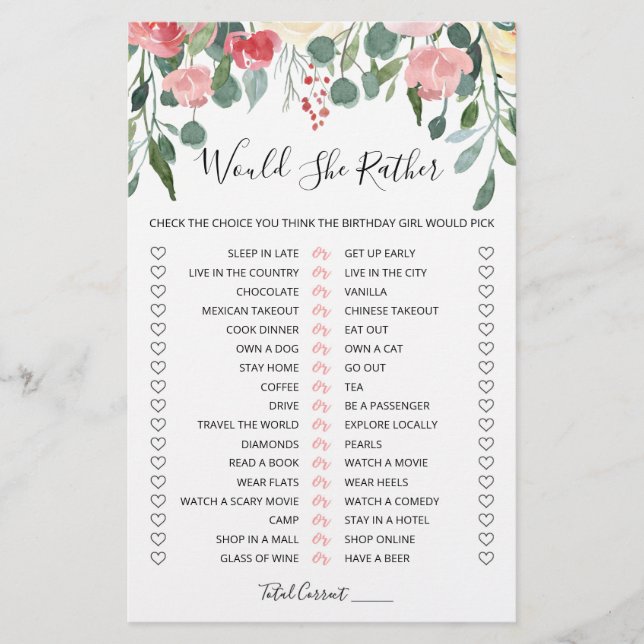 Jeu éditable de 'Would She Rather' pour anniversai (Devant)