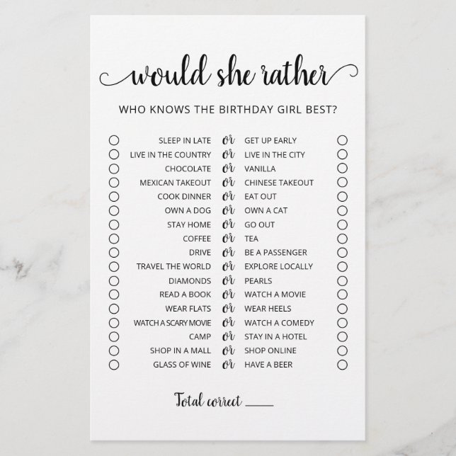 Jeu éditable de 'Would she Rather' pour anniversai (Devant)