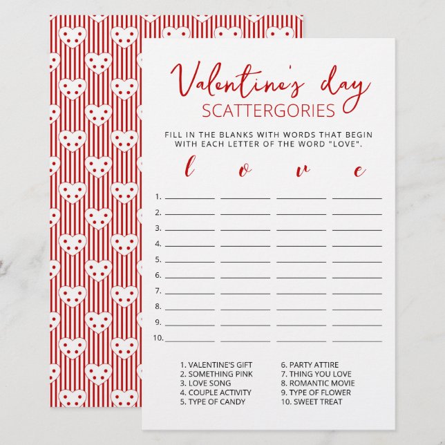 jeu éditable Scattergories pour la Saint-Valentin (Devant / Derrière)