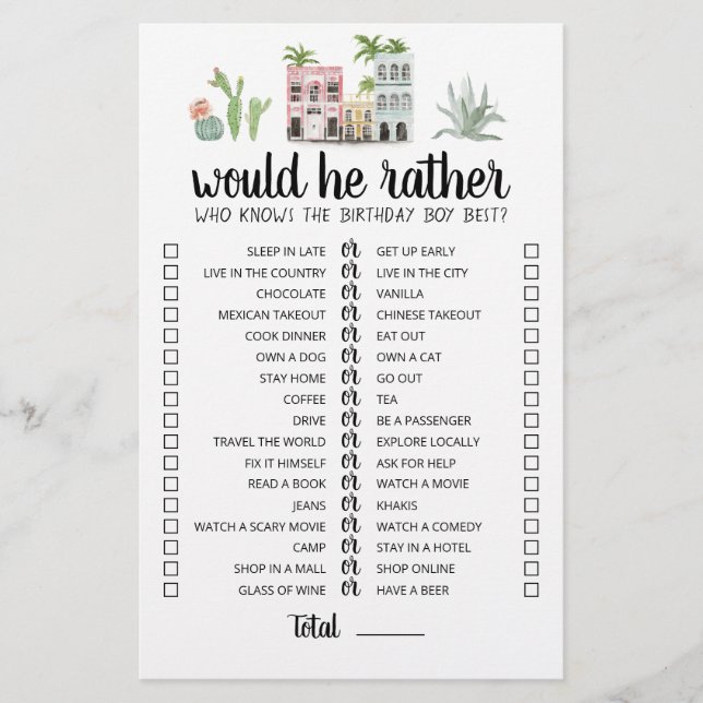 Jeu éditable 'Would He Rather' pour anniversaire (Devant)