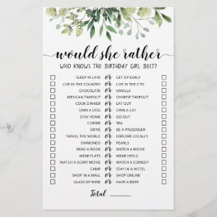Jeu éditable 'Would She Rather' pour anniversaire