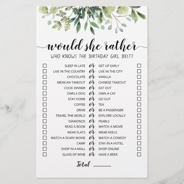 Jeu éditable 'Would She Rather' pour anniversaire (Devant)