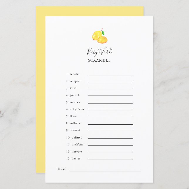 Jeu élégant de mélange de mots pour Baby Shower su (Devant / Derrière)