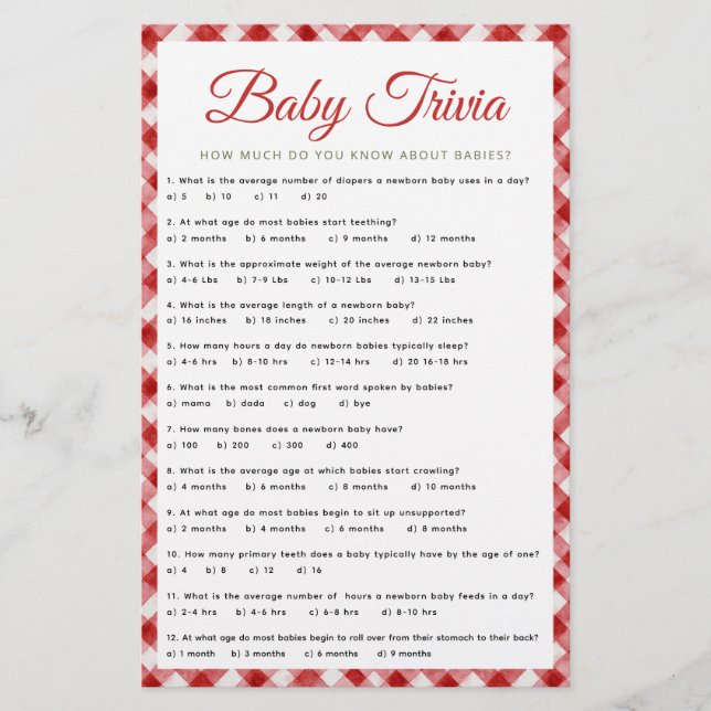 Jeu En vichy Baby shower rustique Trivia (Devant)