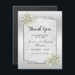 Jeu floral élégant, Merci Mariage encadré d'argent<br><div class="desc">Magnifique Magnet Card Mariage classe et sophistiquée avec un cadre argenté élégant sur un arrière - plan argenté avec de jolies décorations de fleurs décorées en perle dans les coins, le tout sur un arrière - plan damassé blanc plein de tourbillons et de fleurs. Un invitation chic romantique et élégant...</div>