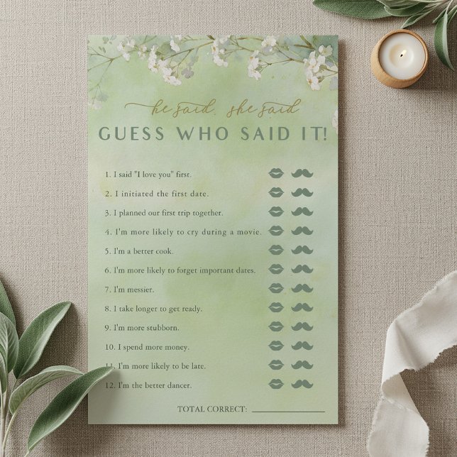 Jeu Il a dit Elle a dit Fleur sauvage verte (He Said, She Said Bridal Shower Game Card)