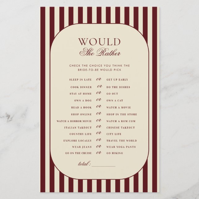 Jeu « Ivory & Burgundy Stripes Would She Rather » (Devant)