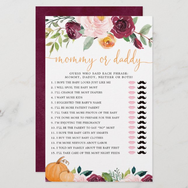 Jeu maman ou papa citrouille floral automne (Devant / Derrière)