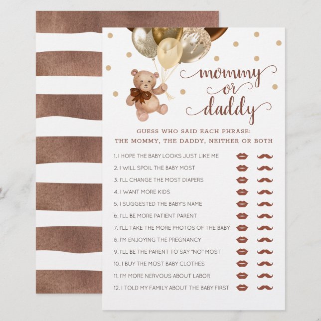 Jeu Maman ou Papa Ourson Cadeau Baby Shower  (Devant / Derrière)