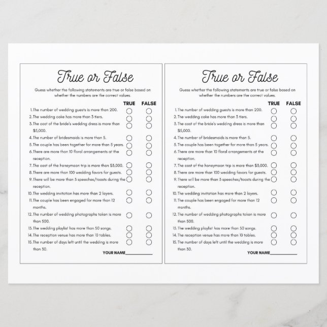Jeu Mariage vrai ou faux imprimable - 8,5 x 11 (Devant)