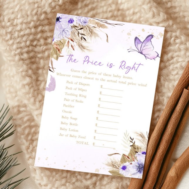 Jeu Papillon Floral The Price Is Right (Purple Butterfly Baby Shower The Price Is Right Game)