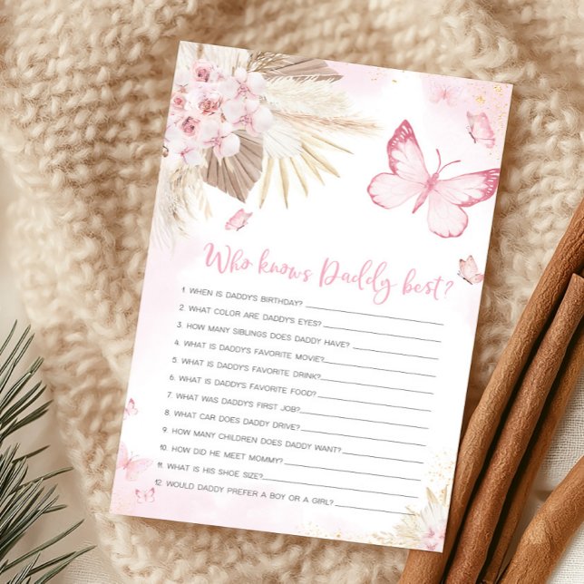 Jeu Papillon Rose Qui Connaît le mieux Papa Douche (Girl Butterfly Pampas Grass Baby Shower Who Knows Daddy Best Game)