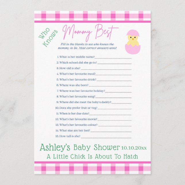 Jeu pour Baby Shower Fille Naissance Fille Poussin (Devant)