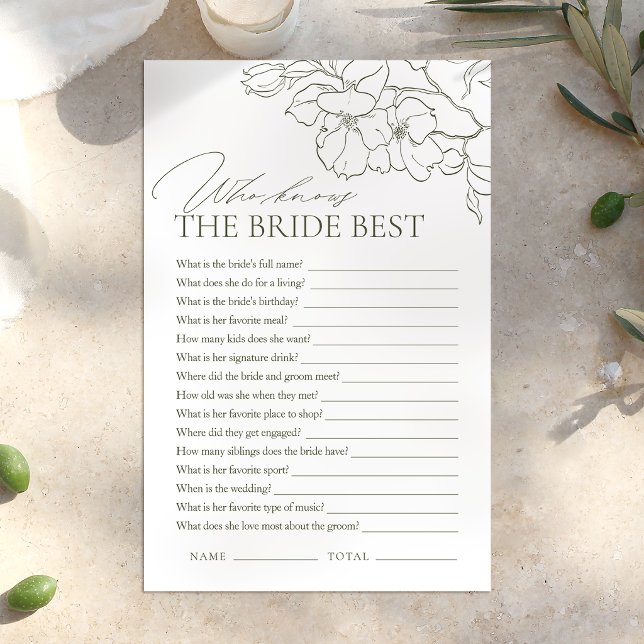 Jeu "Qui connaît le mieux la mariée" à fleurs vert (Sage green floral who knows the bride best game)