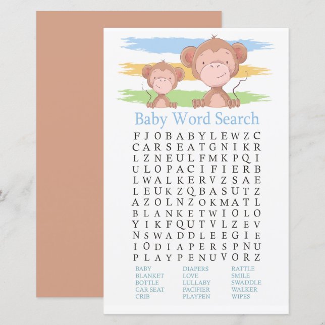 Jeu Recherche Mot Baby shower Singe (Devant / Derrière)