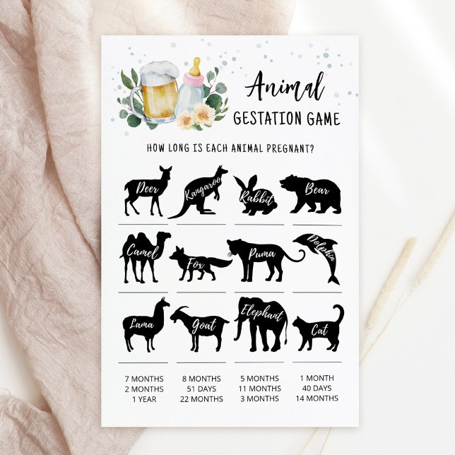 Jeu Rose de Gestation Animale pour Bébé en Route (Beer and Floral Baby is Brewing Baby Shower Animal Gestation Game Card)