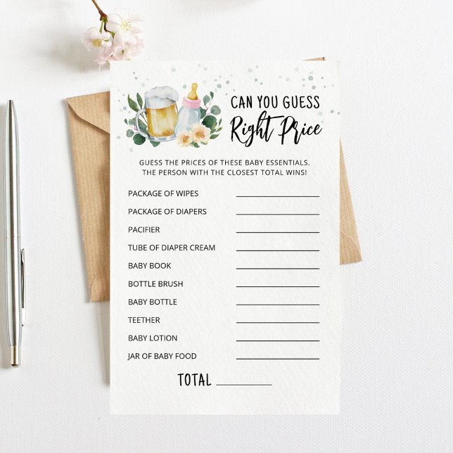 Jeu Rose Prix Juste Bébé en Route (Beer and Floral Baby is Brewing Baby Shower Can You Guess Right Price Game Card)