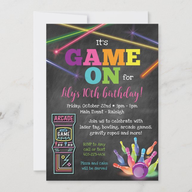Jeu Sur Arcade Pizza Party Chalkboard Invitation (Devant)