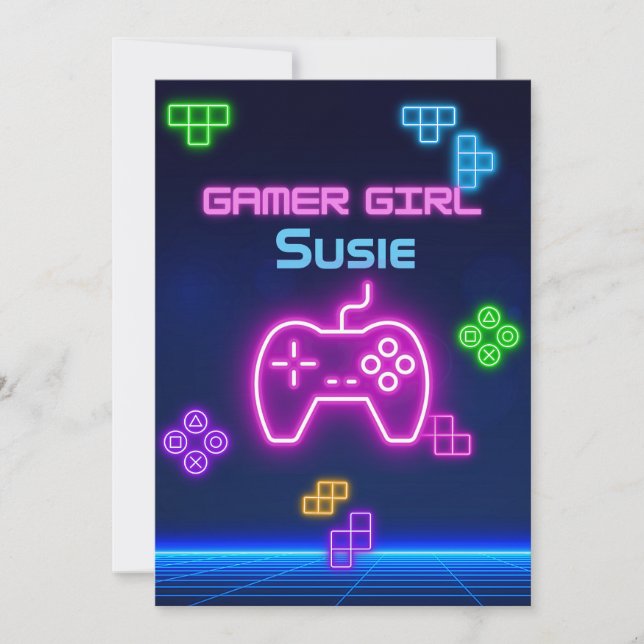 Jeu sur invitation de gamer rose néon, bleu, jaune (Devant)
