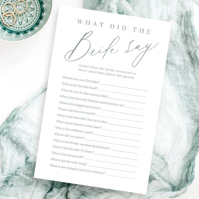 Jeu vert sauge "qu'a dit la mariée" avec écriture (Sage green script what did the bride say game)