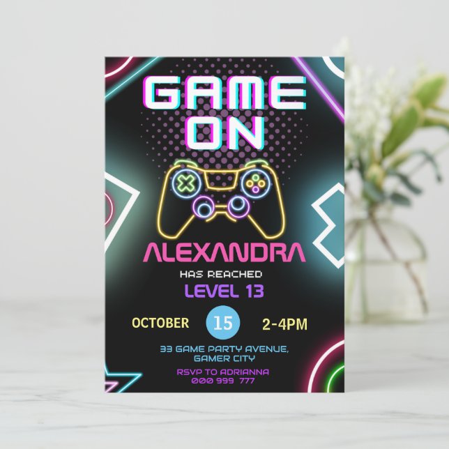 Jeu vidéo Gamer Girl Neon Invitation Anniversaire (Debout devant)