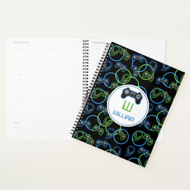 Jeu vidéo Neon Blue & Green Motif Monogramme (Devant avec enveloppe)
