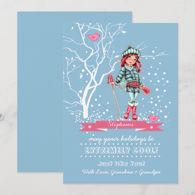 Jeune fille skieuse | Cartes de Noël personnalisée (Devant / Derrière)