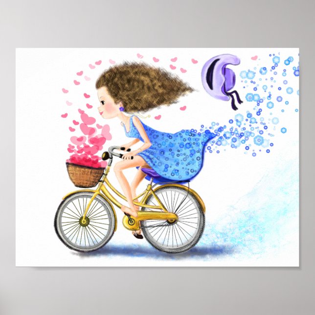 Jeune Fille Sur Un Vélo Poster Amour Coeurs (Devant)