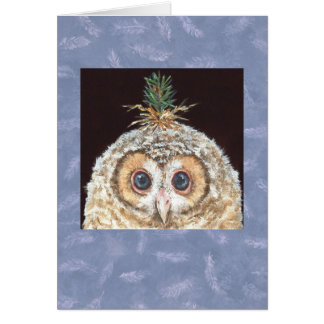 Jeune hibou avec la carte de casquette de pin