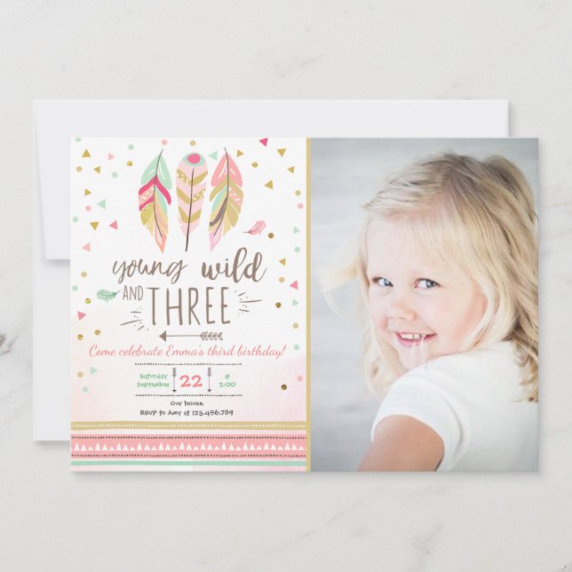 Jeune sauvage et trois invitation fille rose or 3è (Devant)