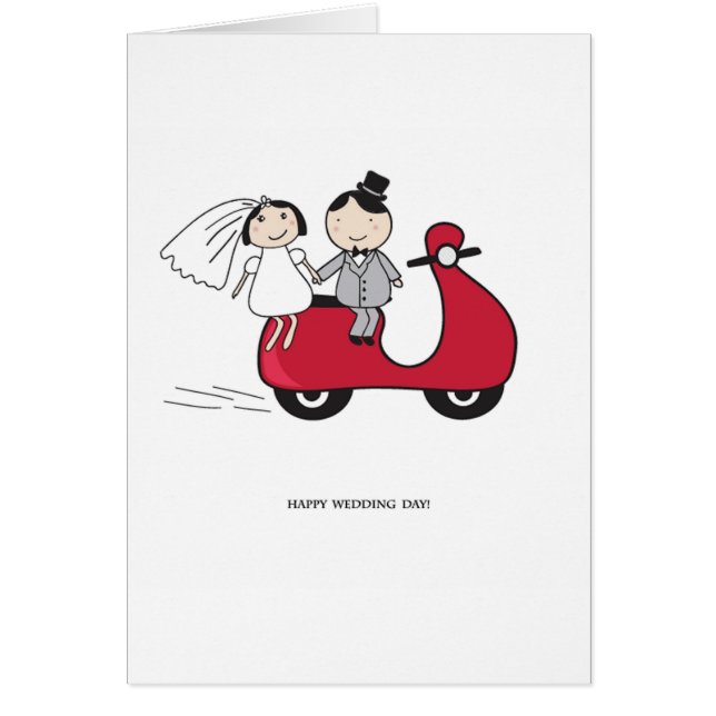 Jeunes mariés sur le scooter rouge. Carte de (Devant)
