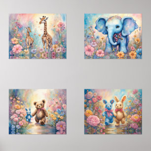 Jeux D'art Mural Animaux mignons dans les Jardins aux Fleurs Pastel