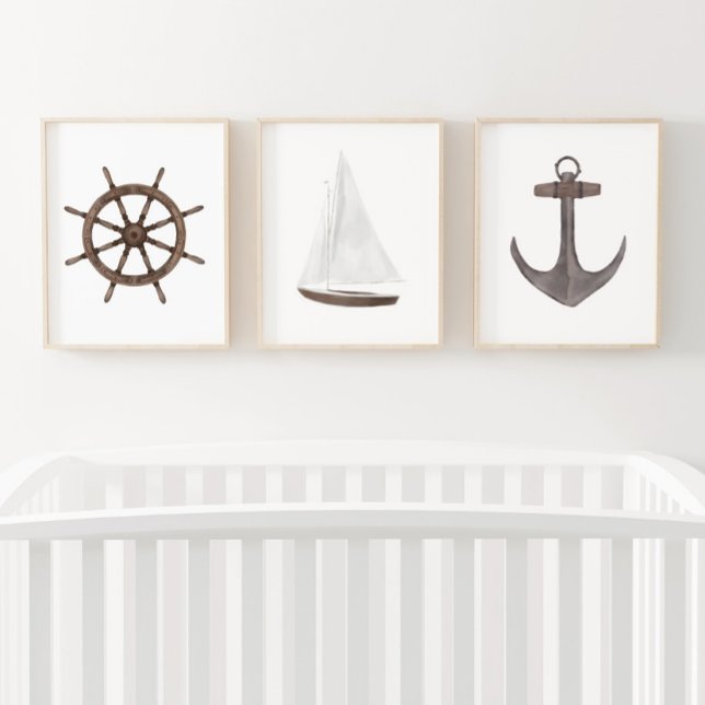 Jeux D'art Mural Aquarelle Bateau Roue Voilier Ancre nautique (Créateur téléchargé)