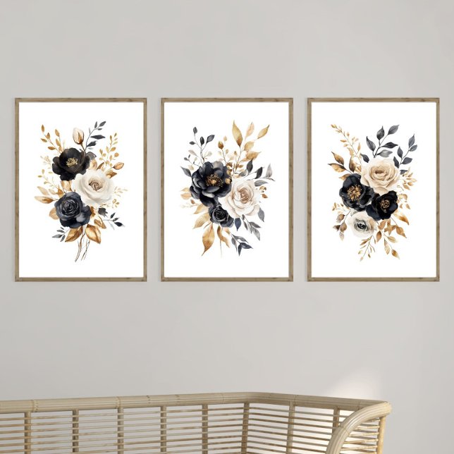 Jeux D'art Mural Aquarelle noire Elégante Florales d'or noir (Black Gold and white watercolor florals Wall art set of 2 or 3 poster prints. Can be framed)