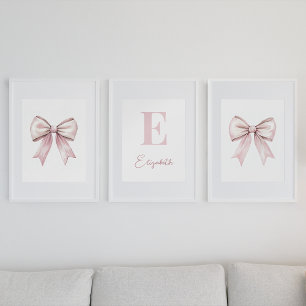 Jeux D'art Mural Baby Girl Aquarelle Rose Bow & Monogramme Nom