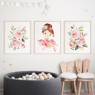 Jeux D'art Mural Ballerina, Cheveux Brown, Fleurs roses, Nourriture