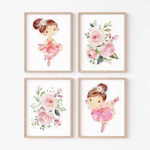 Jeux D'art Mural Ballerina, Cheveux Brown, Fleurs roses, Nourriture