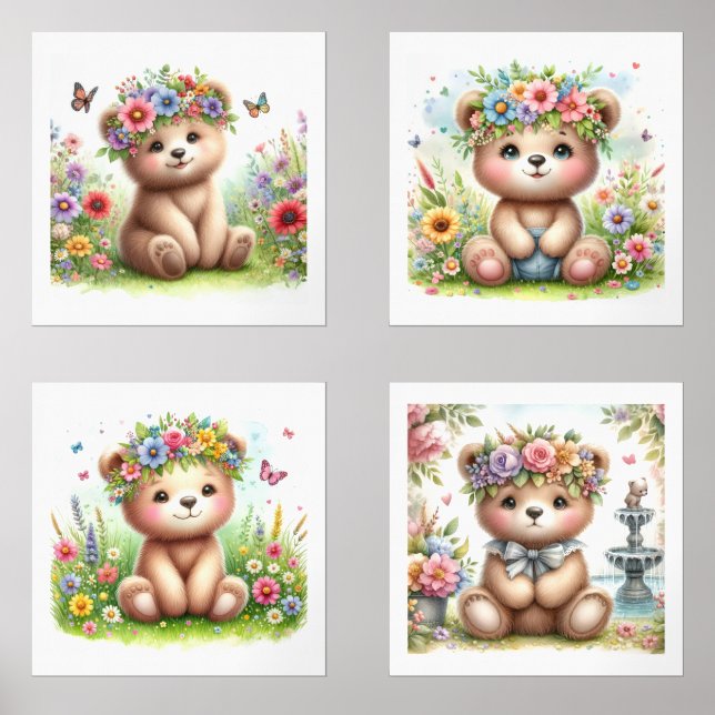 Jeux D'art Mural Bébé mignon ours Floral Nursery Print Set (Recto)