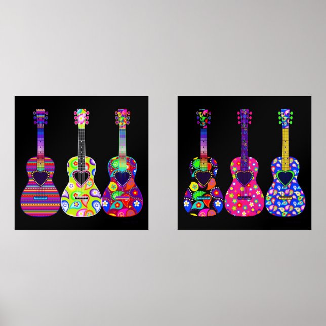 Jeux D'art Mural Belle et brillante Boho Hippie Style Guitares (Recto)