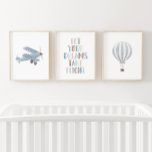 Jeux D'art Mural Blue Biplane Hot Air Balloon Travel Nurseror Décor<br><div class="desc">Ajoutez une touche finale à l'espace de voyage de votre petit avec cet ensemble de trois aquarelles biplan,  montgolfière,  et des empreintes de devis.</div>