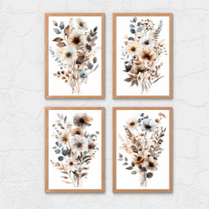 Jeux D'art Mural Boho Fleur sauvage Floral Botanical Bleu Brown Bei