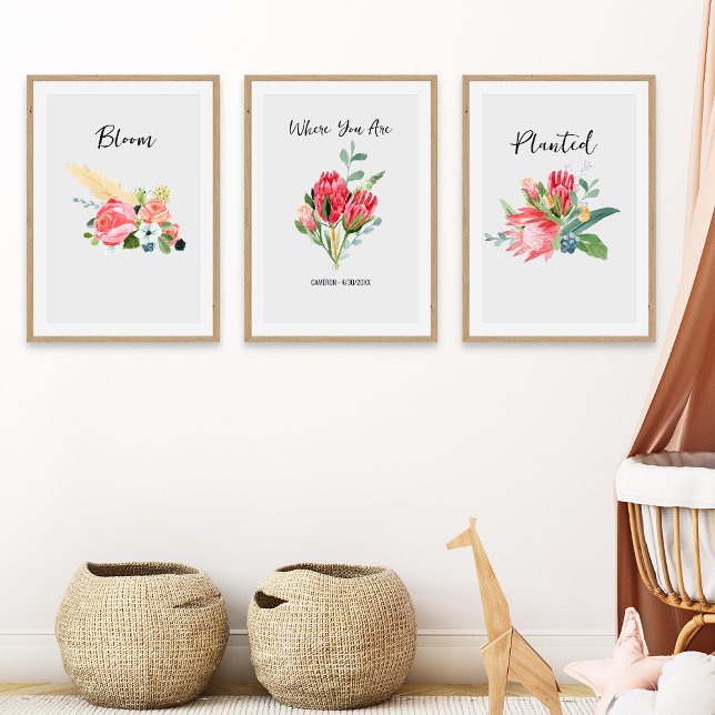 Jeux D'art Mural Boho Floral Nursery Nom personnalisé Date de naiss (Créateur téléchargé)