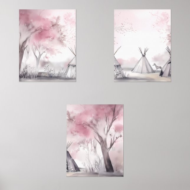 Jeux D'art Mural Boho Pink Landcape Wall Art Set de 3 (Recto)