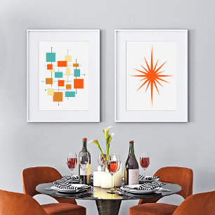Jeux D'art Mural Carrés Abstraits orange et Starburst Mid Century