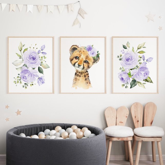 Jeux D'art Mural Cheetah, Safari, Fleurs violettes, Neutre Genre (Créateur téléchargé)