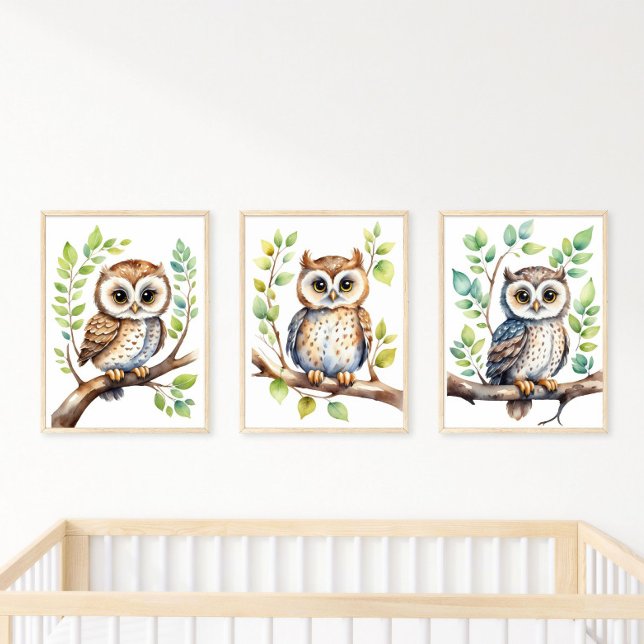 Jeux D'art Mural Chouettes d'art mural, Cadeau Neutre Genre Bébé (Baby Owl Nursery Prints set of three. Colors are blue, brown and green. Perfect for baby boy nursery)