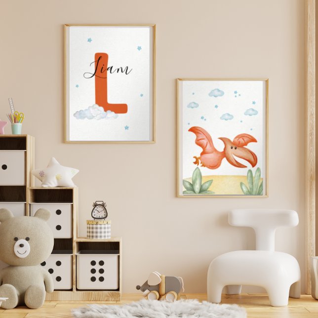 Jeux D'art Mural Cute Pterodactyl Nursery Wall Art Set Custom Name (Créateur téléchargé)