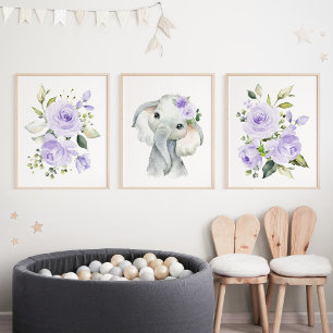 Jeux D'art Mural Elephant, Safari, Fleurs violettes, Neutre Genre