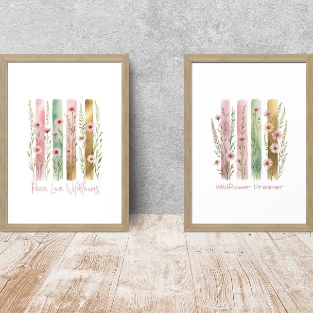 Jeux D'art Mural Fleur sauvage Brush Stroke Aquarelle Rose Vert Gol (Wildflowers Brush Stroke Watercolor Prints Pink Green Gold, Wildflowers Dreamer, Peace Love Wildflow)